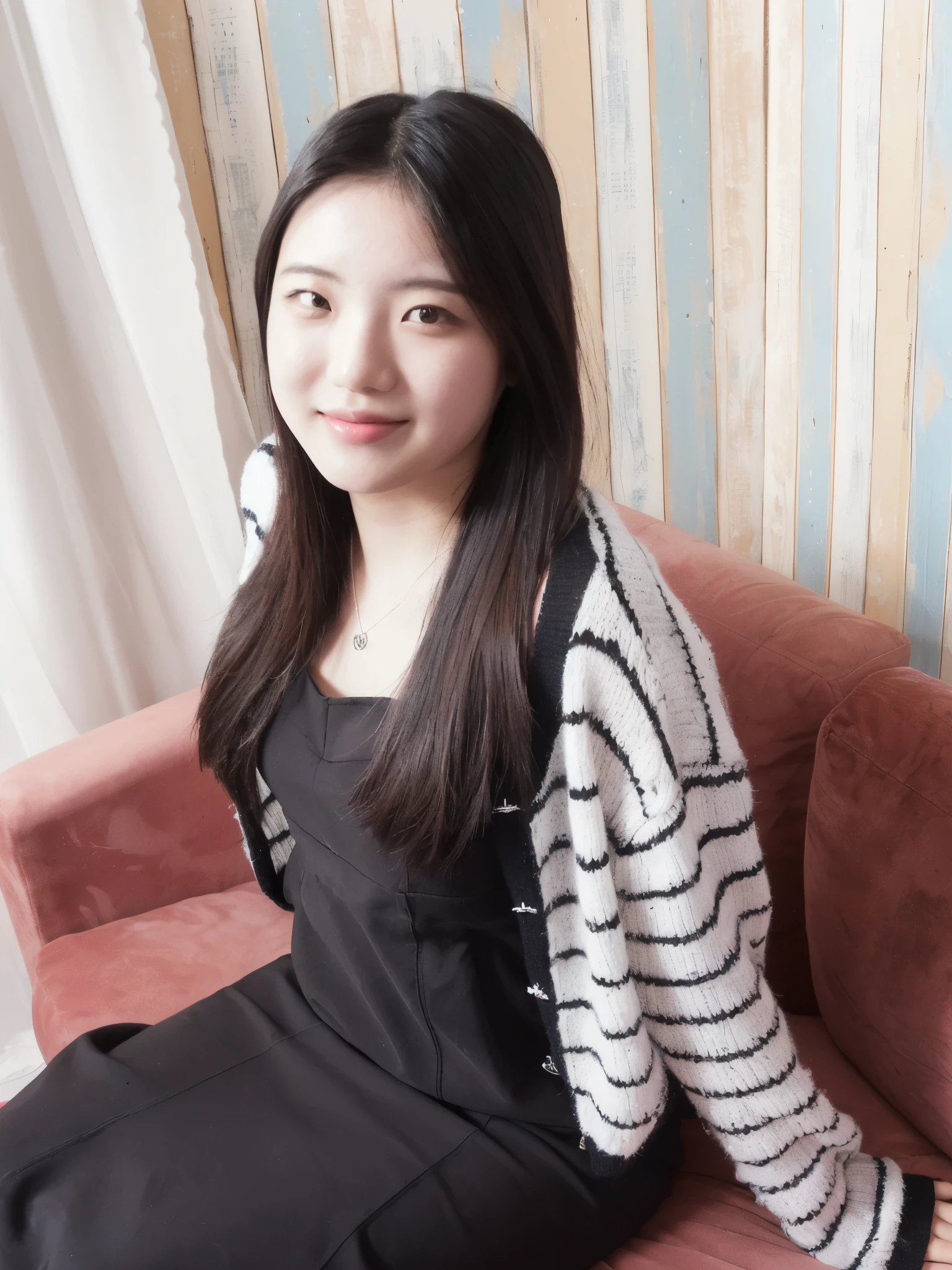 arafed woman sitting on a pink couch with a black and white sweater, taken with canon 8 0 d, a young asian woman, taken with canon eos 5 d mark iv, taken with canon eos 5 d, xintong chen, young asian girl, young asian woman, korean girl, heonhwa choe, captured on canon eos r 6