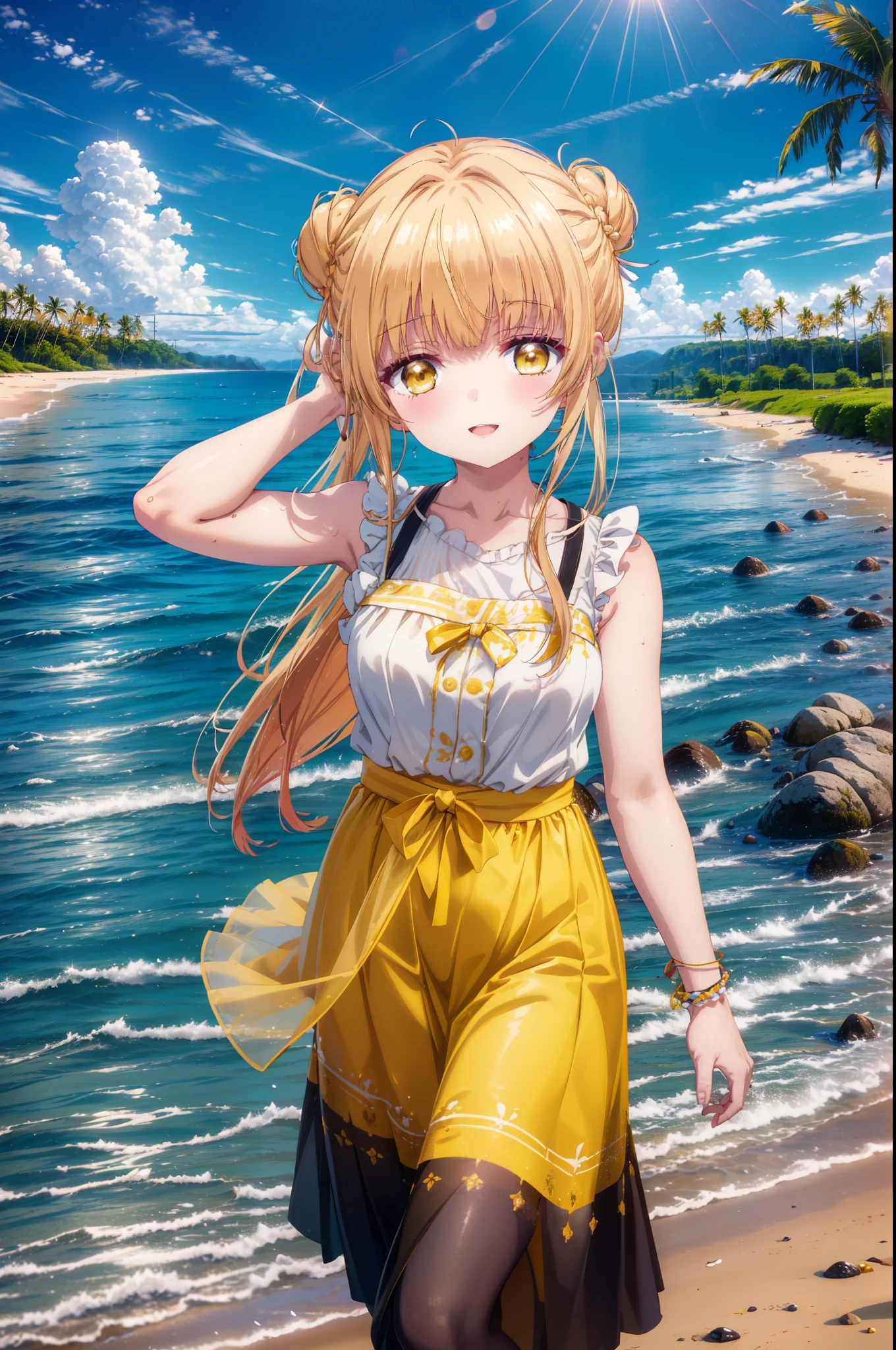 mahirushiina, Mahiru shiina, Long Hair, bangs, Blonde Hair, Brown Hair, (Yellow Eyes:1.3), happy smile, smile, Open your mouth,smile,Black jacket,Hair Bun, double Hair Bun,Yellow sleeveless dress,Yellow long skirt、barefoot,Strolling on the sandy beach,True Summer,Daytime,coastal通,whole bodyがイラストに入るように,
break outdoors, coastal,
break looking at viewer, whole body,
break (masterpiece:1.2), highest quality, High resolution, unity 8k wallpaper, (figure:0.8), (Beautiful fine details:1.6), Highly detailed face, Perfect lighting, Highly detailed CG, (Perfect hands, Perfect Anatomy),