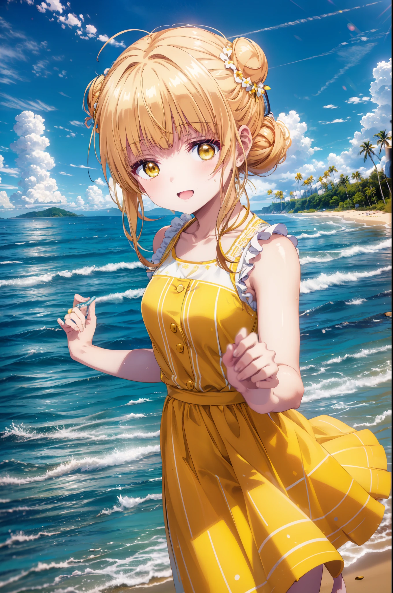 mahirushiina, Mahiru shiina, Long Hair, bangs, Blonde Hair, Brown Hair, (Yellow Eyes:1.3), happy smile, smile, Open your mouth,smile,Black jacket,Hair Bun, double  Hair Bun,Yellow sleeveless dress,Yellow long skirt､barefoot,Strolling on the sandy beach,True Summer,Daytime,coastal通,whole bodyがイラストに入るように,
break outdoors, coastal,
break looking at viewer, whole body,
break (masterpiece:1.2), highest quality, High resolution, unity 8k wallpaper, (figure:0.8), (Beautiful fine details:1.6), Highly detailed face, Perfect lighting, Highly detailed CG, (Perfect hands, Perfect Anatomy),