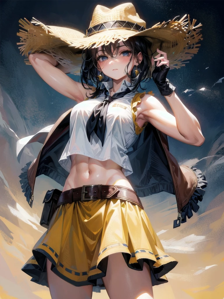 cowgirl costume, vest, cowboy hat, fingerless gloves, midriff, neckerchief, short skirt, holster, absurdres, RAW photo, extremely delicate and beautiful, masterpiece, Best Quality, ultra high resolution, 32k, hyperrealistic, ultra-detailed, perfect figure, tearful mole, earring, whole body shot, short medium hair, wavy hair,