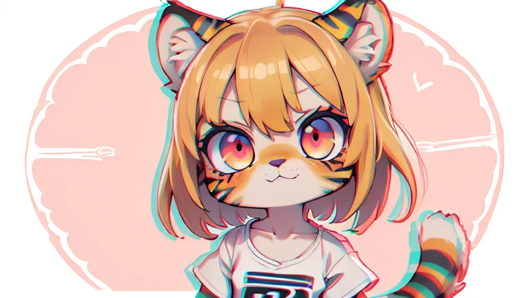 (obra maestra, Alta calidad, mejor calidad, 8K, high resolution), ((estilo chibii, Chibi lindo)), (solo, 1 girl), {Tiger Girl, cara de tigre, 2 colmillos, long eyelashes, delineador de ojos} {bigotes de tigre}, (((Piel de tigre por todo el cuerpo., Rayas de tigre en el cuerpo.))), (pelo naranja), cabello corto, Pinza para el cabello, [[Pinza para el cabello white flower on hair]], ((Muy feliz)), ((boca abierta)), ojos naranjas, [pupilas negras], ((buscando)), (very small breasts), brazos delgados, (un brazo arriba, un brazo hacia abajo), axilas, ((mini camiseta rosa, camiseta rosa completa)), {shorts blancos}, {{{mini cola de tigre, Cola en la espalda}}}, (cuerpo completo), (((de pie, jump angle))), dynamic pose, Fondo blanco, fondo sencillo, ((((Estilo Tora-chan no Hanayome)))), (old anime style 40s), estilo animado, anime color.