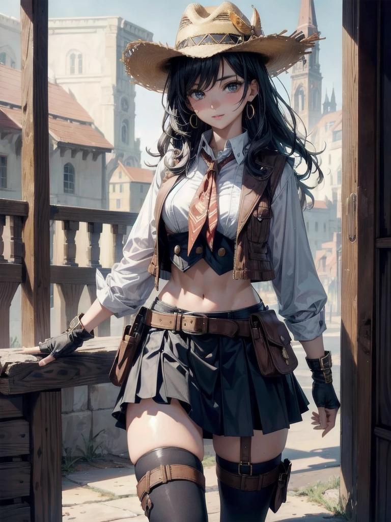 cowgirl costume, vest, cowboy hat, fingerless gloves, midriff, neckerchief, short skirt, holster, absurdres, RAW photo, extremely delicate and beautiful, masterpiece, Best Quality, ultra high resolution, 32k, hyperrealistic, ultra-detailed, perfect figure, tearful mole, earring, whole body shot, short medium hair, wavy hair,