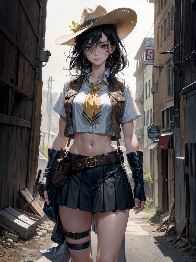 cowgirl costume, vest, cowboy hat, fingerless gloves, midriff, neckerchief, short skirt, holster, absurdres, RAW photo, extremely delicate and beautiful, masterpiece, Best Quality, ultra high resolution, 32k, hyperrealistic, ultra-detailed, perfect figure, tearful mole, earring, whole body shot, short medium hair, wavy hair,