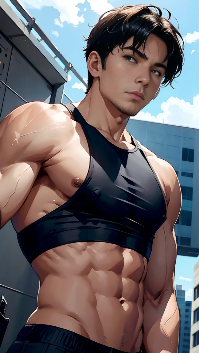 Generate a police image,His body is fit,Wearing sleeveless,With a curious look on his face , ayan nag: Outside during the day