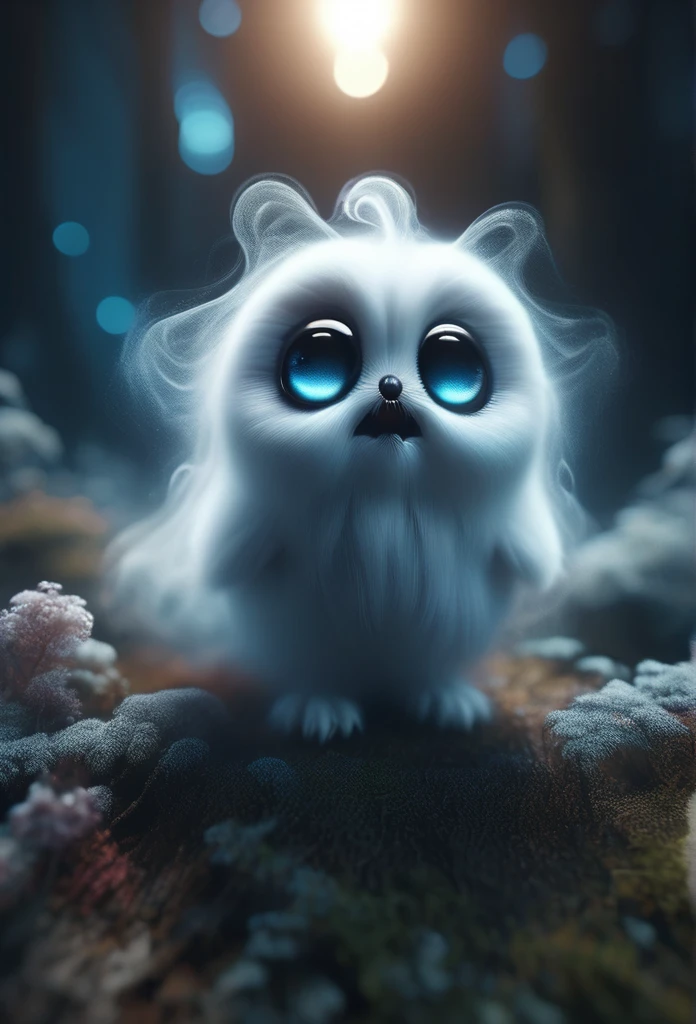 A sharp photo of a cute and small alien ghost creature, 4K concept art. Trending on DeviantArt. Cinematic lighting rendered in Unreal engine 5. Highly detailed and realistic. Beautiful scene. HD wallpaper. subsurface scattering. Hyperdetailed render. Octane Render. Digital art. whitefar.big bleu eyes.The thing is very close to the camera that looks like it has an adorable 