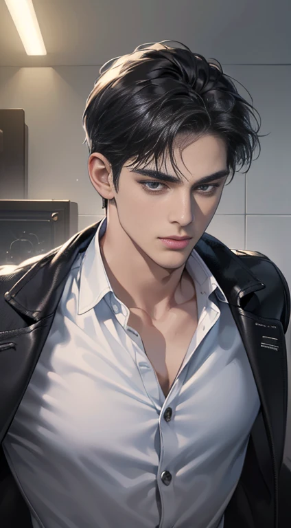 (best quality, masterpiece, 8 thousand, realistic, cinematic lighting, 1:4 HDR images, very detailed, beautiful photoature man, very handsome, ((cold expression)), black short hair, black eye, A perfect face without any mistakes, ((oning my jacket, chief executive))