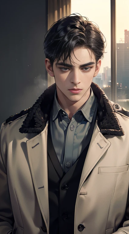 (best quality, masterpiece, 8 thousand, realistic, cinematic lighting, 1:4 HDR images, very detailed, beautiful photoature man, very handsome, ((cold expression)), black short hair, black eye, A perfect face without any mistakes, ((Buttoning my jacket, chief executive))