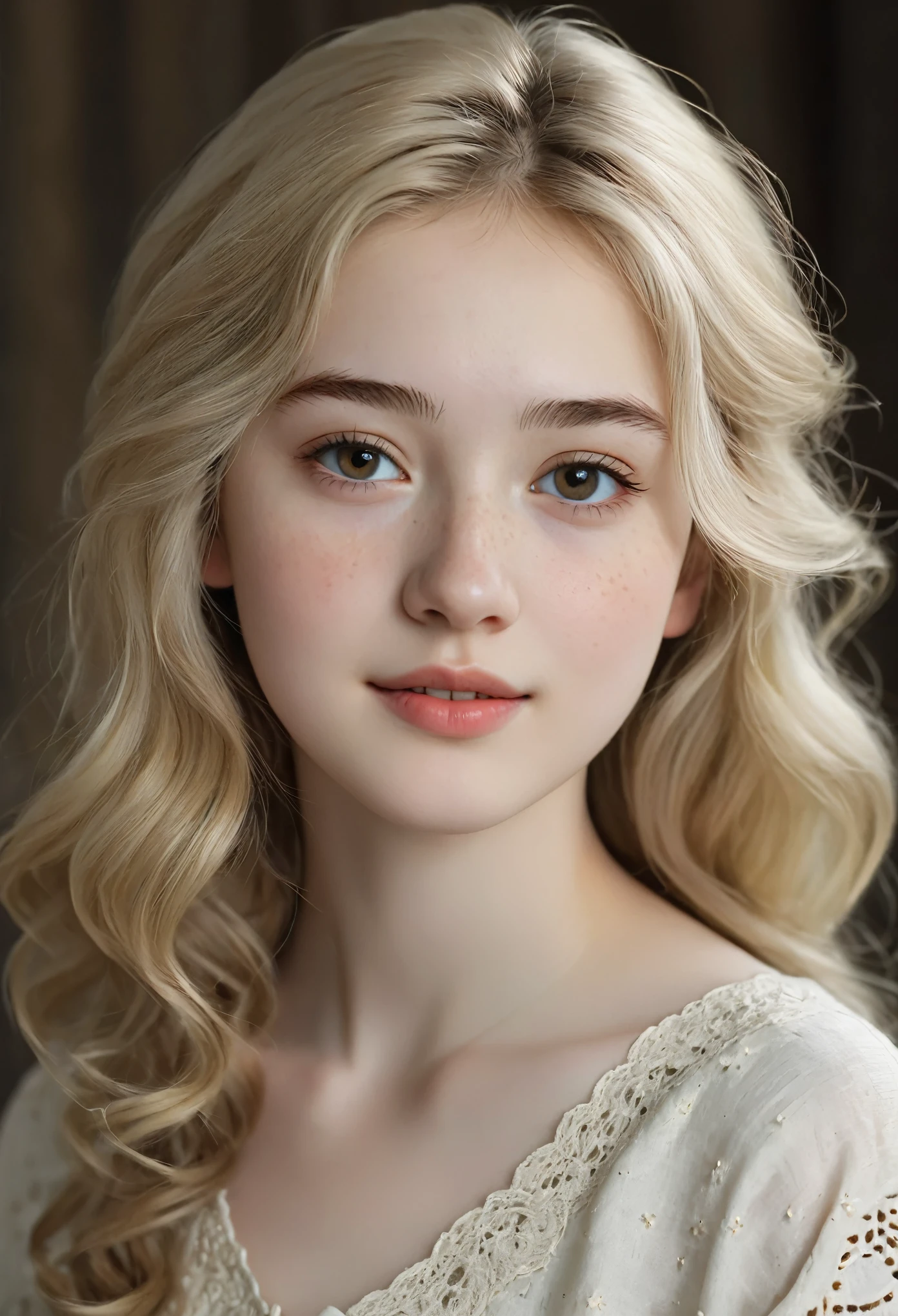 A medium shot of very beautiful realistic girl, central Asian girl, 15-years-old, porcelain skin, very fair skin, very pale skin, blonde hair, wavy, freckles skin, hazel eyes, thick curved eyebrow, happy face, unique face, detail photo, realistic photo, master piece picture, sharp picture.