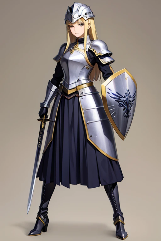 Anime drawings、Full body portrait、Fantasy world characters、A military woman, around 175cm tall, around 35 years old, wearing armor and a long skirt, wielding a long sword、Short medium straight hair styled up、Blonde、Glaring、gloves、boots、Wearing a helmet、Has a large shield、Flat chest