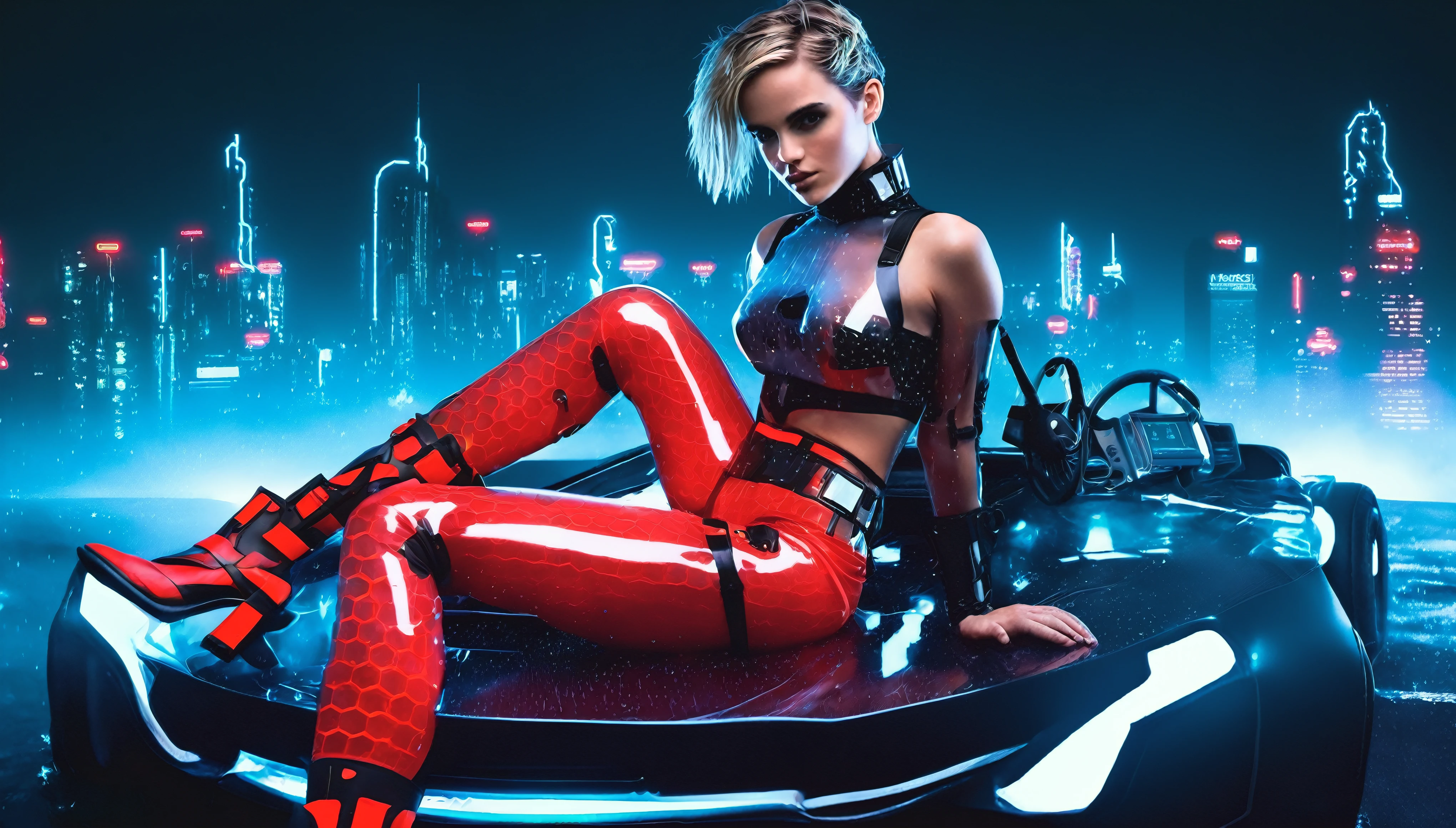 A female hacker sitting on the hood of a futuristic car in a cyberpunk metropolis at night, (heavy rain:1.0), facing the viewer, holding a cyberdeck with a transparent screen, short silverwhite trimmed undercut haircut, immaculate skin, (wet skin:1.2), (wet hair:1.2), thoughtful look on the face, (raindrops on the whole body:1.3), (small breasts:1.2), legs spread, strong thighs, transparent synthetic top, fullbody red and black translucent skintight synthetic cyberpunk underarmor with intricate hexagon, cutout over the whole back, utility belt with multimeter and some probes attached, red synthetic hot pants, thigh high translucent latex boots, cutoff gloves, (no makeup:1.5), natural fingernails, emma watson, edgFut_clothing, neons, electric circuits