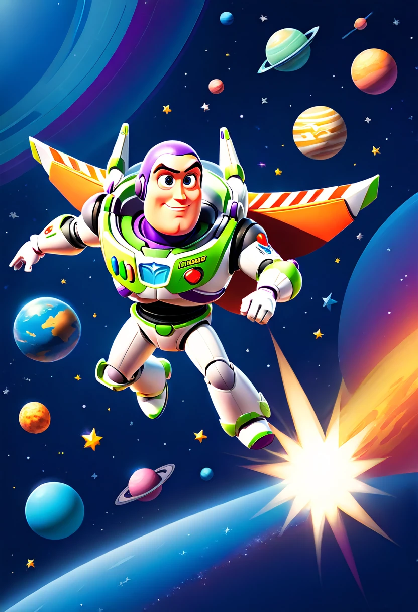Vector illustration:vector illustration,Buzz Lightyear traveling through space,POP outer space background,rocket,stars and planets,cartoon,Highest quality,masterpiece, Adobe Illustrator,draw with thick lines,style:buzzlyears,cute,pop,,Cast colorful spells,Nice background image,masterpiece,最高masterpiece,Light and shadow,Draw carefully,,Bright colors,Fantasy,Fancy,rendering,Magical Elements,BREAK,Buzz Lightyear