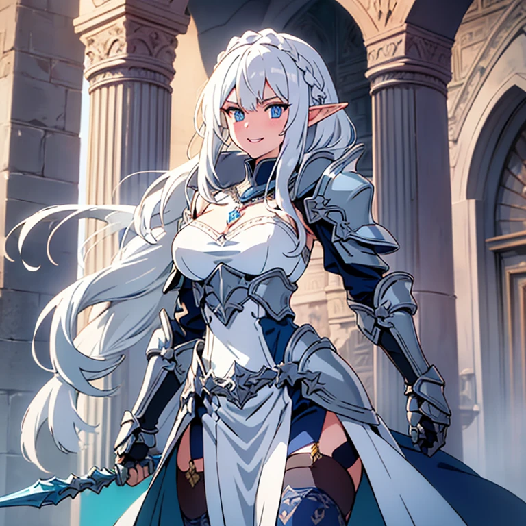 castle, medieval background, smile, Smiling, solo, battle stance, 1girl, soft smile, slender figure, slim, young girl, short height, full cheeks, skinny, short height, Sexy, Beautiful composition, beatiful face, handsome body (Body Full 1.1.), Beautiful figure, in full height (Body Full 1.1.), closed mouth, Digital Art, sexypose, small-sized breasts, High Elf Knight(Body Full 1.1) elf, (Dark Blue eyes:1.5), white hair, long hair, braid on hair, silver hair, Knight, Beautiful figure, beautiful breasts, (Fullness of the body.1,1) silver hair, Hair between the eyes, hairlong, straight hair, pointed ears, long ears, side locks, bangs, Asymmetrical Clothing, elf, (Masterpiece:1.2), Best Quality, High Resolution, Unity 8k Wallpaper, (illustration:0.8), (beautiful detail eyes:1.6), extremely detailed face, perfect lighting, extremely detailed CGI, (perfect arms, perfect anatomy), epic composition, plate armor, knight armor, full armor, silver gold armor, spear in hand, hair braid on head, braid, tress, tress on head, golden spear, looking at viewer, necklace, cleavage, fullbody, full-body