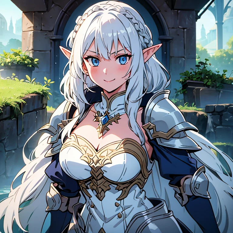 castle, medieval background, smile, Smiling, solo, battle stance, 1girl, soft smile, slender figure, slim, young girl, short height, full cheeks, skinny, short height, Sexy, Beautiful composition, beatiful face, handsome body (Body Full 1.1.), Beautiful figure, in full height (Body Full 1.1.), closed mouth, Digital Art, sexypose, small-sized breasts, High Elf Knight(Body Full 1.1) elf, (Dark Blue eyes:1.5), white hair, long hair, braid on hair, silver hair, Knight, Beautiful figure, beautiful breasts, (Fullness of the body.1,1) silver hair, Hair between the eyes, hairlong, straight hair, pointed ears, long ears, side locks, bangs, Asymmetrical Clothing, elf, (Masterpiece:1.2), Best Quality, High Resolution, Unity 8k Wallpaper, (illustration:0.8), (beautiful detail eyes:1.6), extremely detailed face, perfect lighting, extremely detailed CGI, (perfect arms, perfect anatomy), epic composition, plate armor, knight armor, full armor, silver gold armor, spear in hand, hair braid on head, braid, tress, tress on head, golden spear, looking at viewer, necklace, cleavage, fullbody, full-body