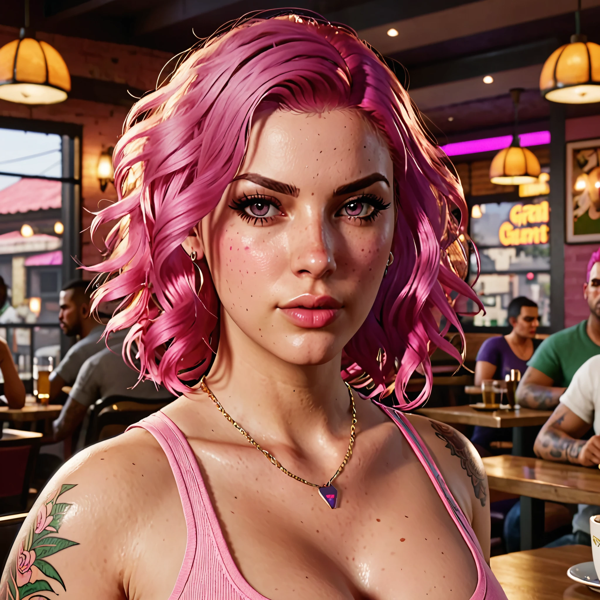 A beautiful young woman with wavy pink hair and pink eyes, wearing a top and big tits, in a restaurant  ,style grand theft auto, HD PORTRAIT