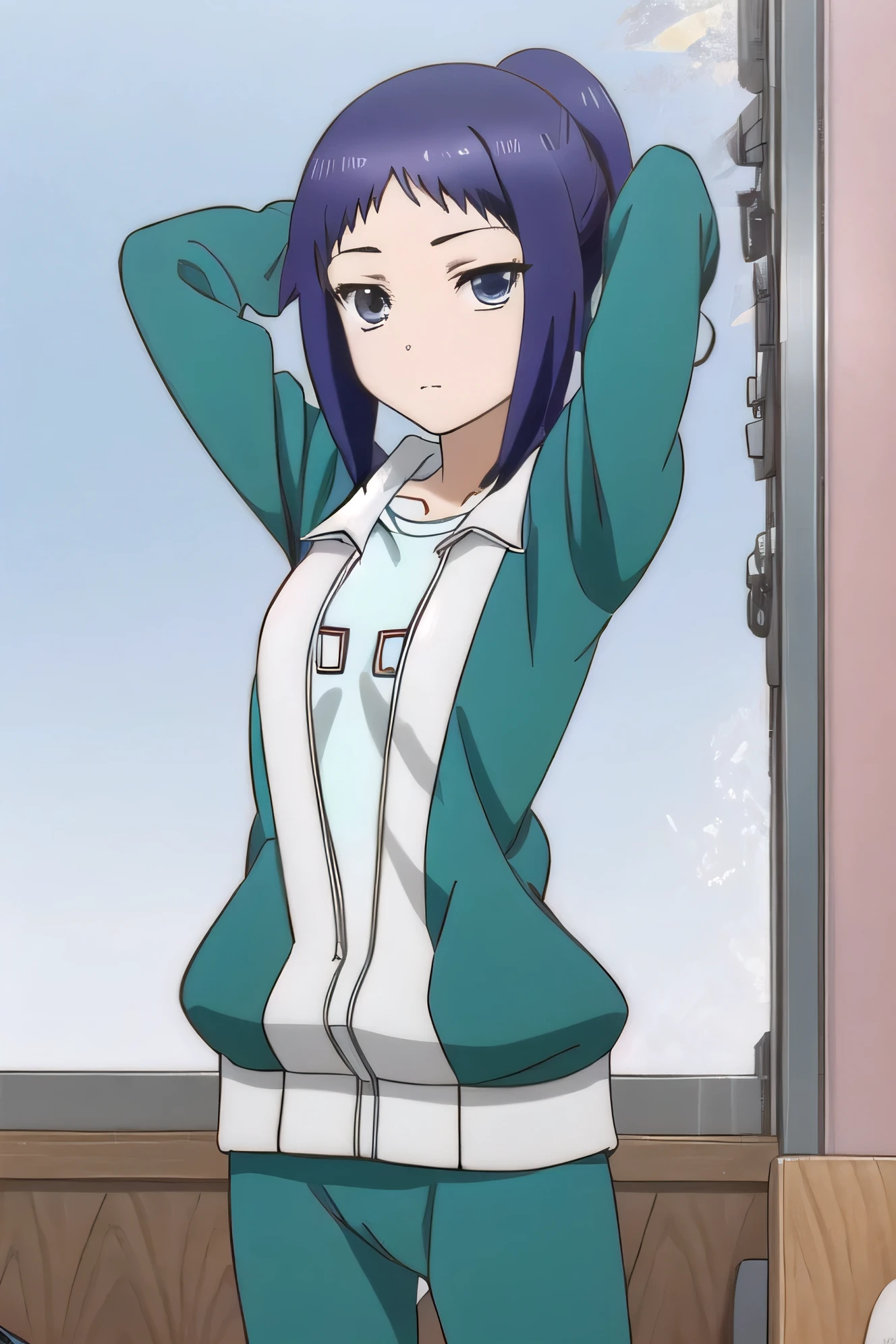 solo, 1girl, looking at viewer, 2D, anime, anime coloring, (cowboy shot:1.5), solo, night sky, beach, arms behind head, contrapposto, spread armpits, looking at viewer, best quality, closed mouth, expressionless, minami oosawa, track jacket, 