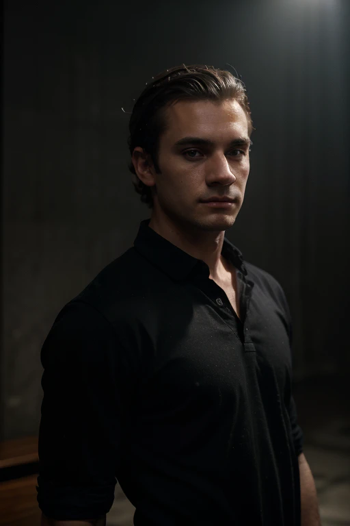 ((1 guy)) (White guy) Wearing a black shirt, manly (standing in a formal manner, body forward and looking at the camera as if participating in an online meeting), very detailed, 18 years old, hair with natural waves, brown eyes, ((short facial hair)), high resolution, artwork, best quality, intricate details, highly detailed, sharp focus, detailed skin, realistic skin texture, texture, detailed eyes, Professional, 4k, Shot on Canon, 85mm, Shallow depth of field, Kodak vision color, Perfectly modeled body, extremely detailed, photo_\(Ultra\), photorealistic, realistic, POST-PROCESSING, maximum detail, roughness, Real life, ultra realistic, photorealism , photography, 8K HD, photography (film grain) ((medium shot atmospheric dark lighting))