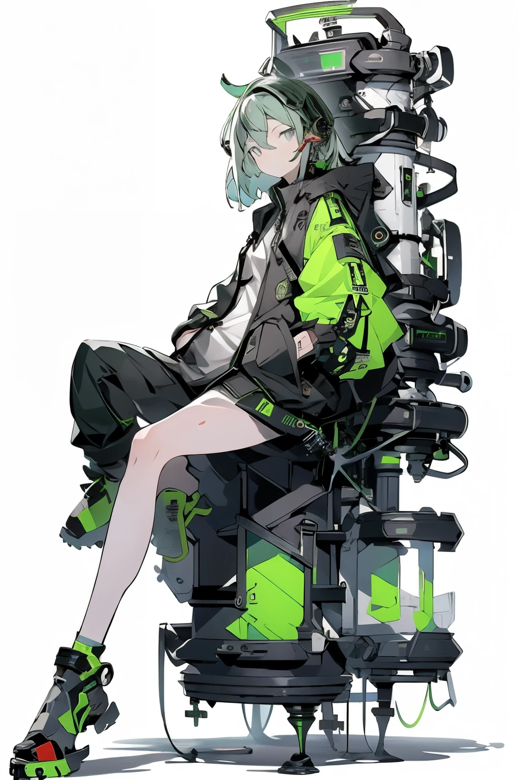 ((Full body shot)), ((No background)), ((White background)), masterpiece, ultra detailed, high resolution, high quality, 1girl, solo, looking_at_viewer, blue eyes, ear phones, closed_mouth, green hair, sitting, shadow, hands in pockets