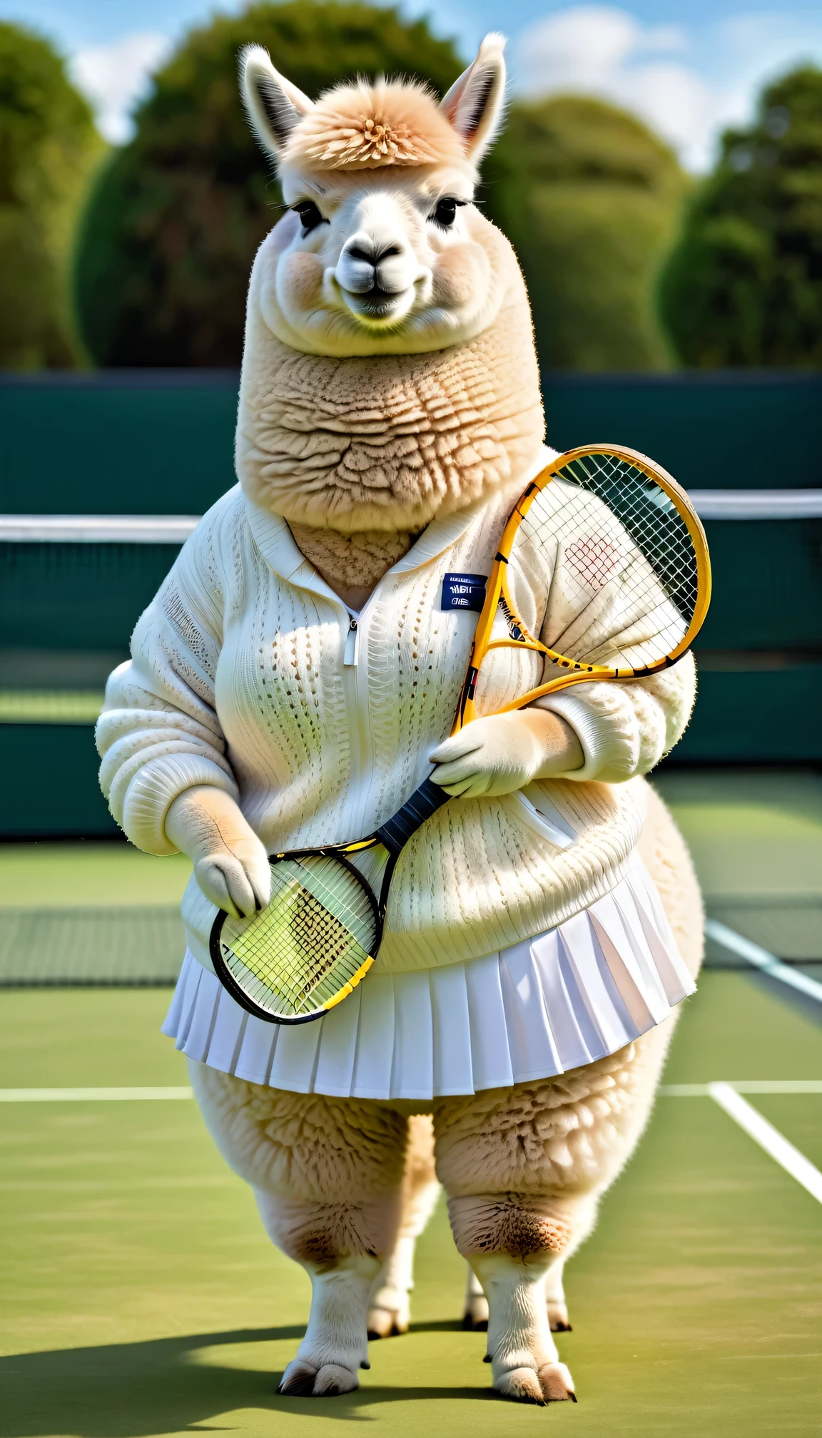photorealistic portrait of Dressed animals - a (fat) alpaca tennis player,(hand on hip:1.5),(happy smile),(furry), high quality,(lovely) ,intricate details, highly detailed (female tennis wear), holding tennis racket, grass tennis court background, (happy), perfect lighting,(full body image:2.0)
