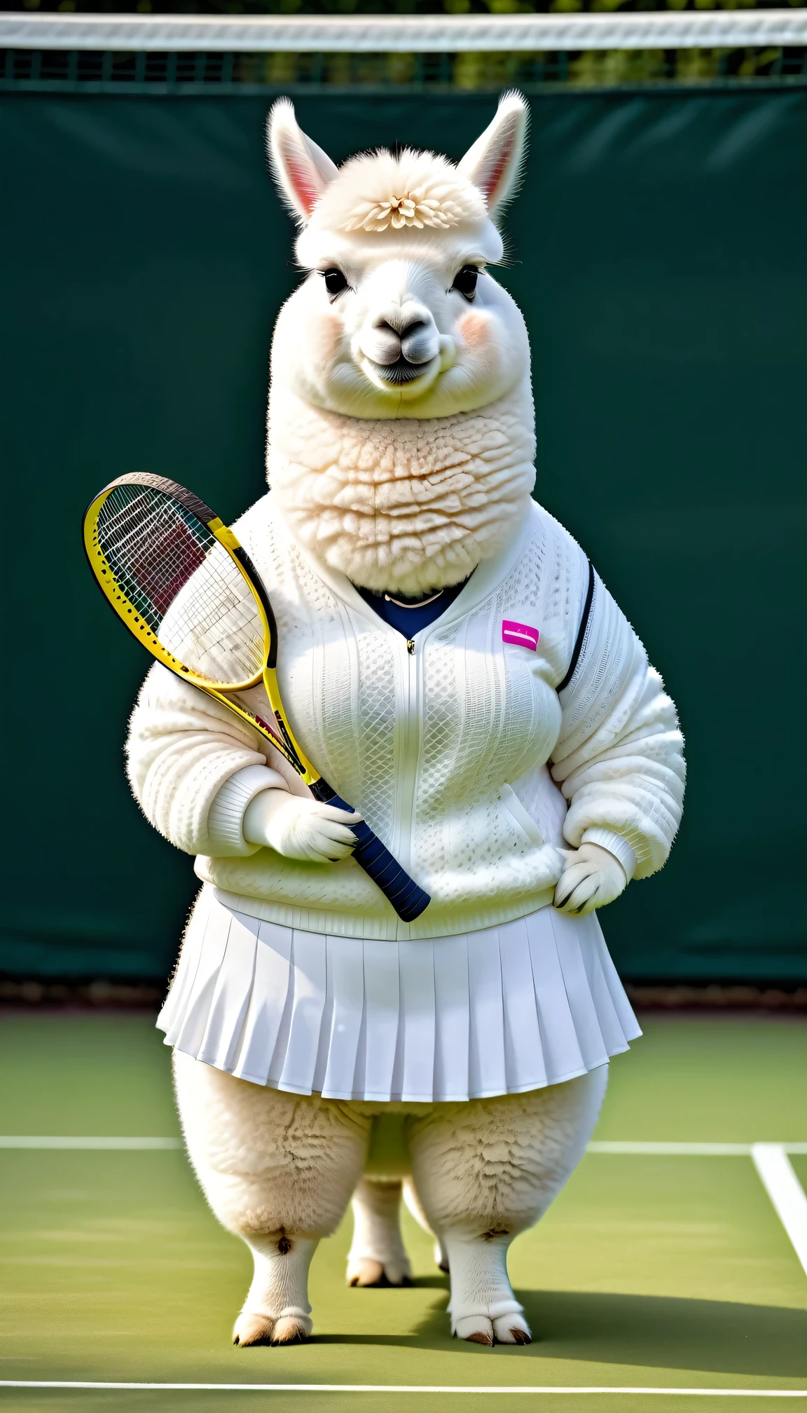 photorealistic portrait of Dressed animals - a (fat) white alpaca tennis player,(hand on hip:1.5),(happy smile),(furry), high quality,(lovely) ,intricate details, highly detailed (female tennis wear), holding tennis racket,　grass tennis court background, (happy), perfect lighting,(full body image:2.0)