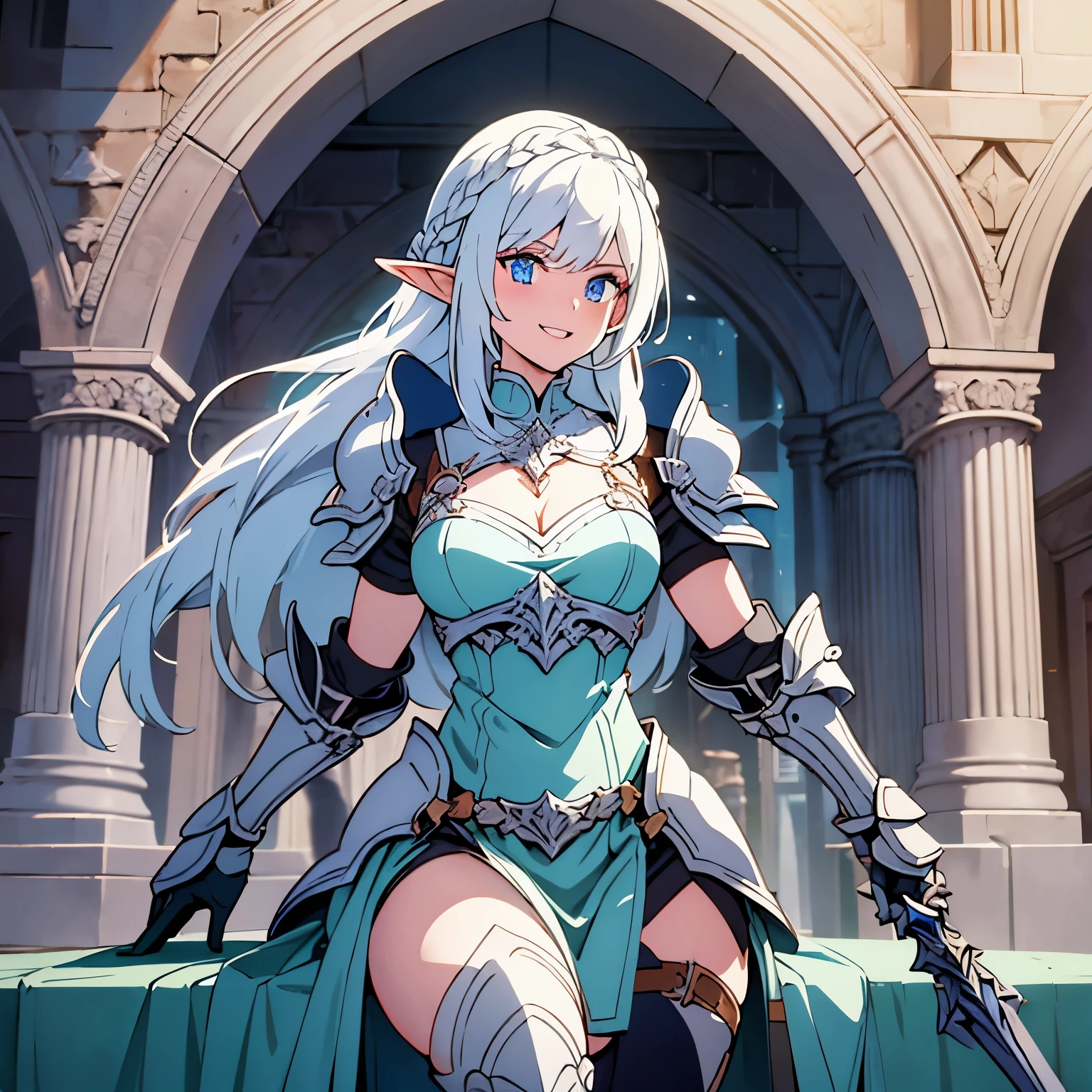 castle, medieval background, smile, Smiling, solo, battle stance, 1girl, soft smile, slender figure, slim, young girl, short height, full cheeks, skinny, short height, Sexy, Beautiful composition, beatiful face, handsome body (Body Full 1.1.), Beautiful figure, in full height (Body Full 1.1.), closed mouth, Digital Art, sexypose, small-sized breasts, High Elf Knight(Body Full 1.1) elf, (Dark Blue eyes:1.5), white hair, long hair, braid on hair, silver hair, Knight, Beautiful figure, beautiful breasts, (Fullness of the body.1,1) silver hair, Hair between the eyes, hairlong, straight hair, pointed ears, long ears, side locks, bangs, Asymmetrical Clothing, elf, (Masterpiece:1.2), Best Quality, High Resolution, Unity 8k Wallpaper, (illustration:0.8), (beautiful detail eyes:1.6), extremely detailed face, perfect lighting, extremely detailed CGI, (perfect arms, perfect anatomy), epic composition, plate armor, knight armor, full armor, silver gold armor, spear in hand, hair braid on head, braid, tress, tress on head, golden spear, looking at viewer, necklace, cleavage, fullbody, full-body