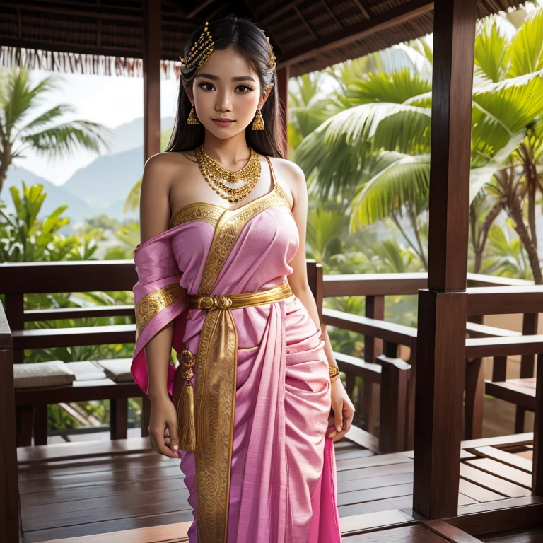 Young woman wearing traditional Thai clothing pink sarong set Wear a brown sarong. Gold jewelry, Thai dress, Thai tradition