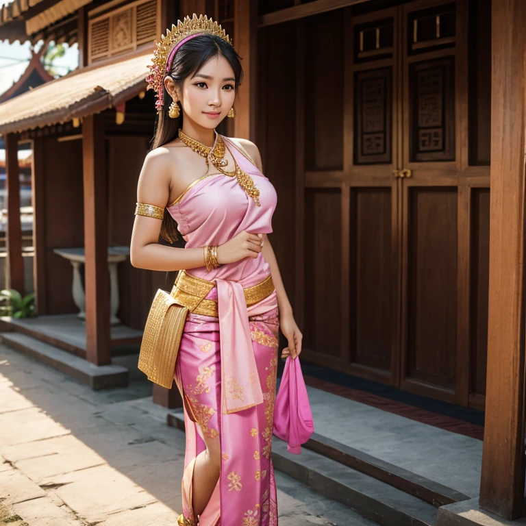 Young woman wearing traditional Thai clothing pink sarong set Wear a brown sarong. Gold jewelry, Thai dress, Thai tradition