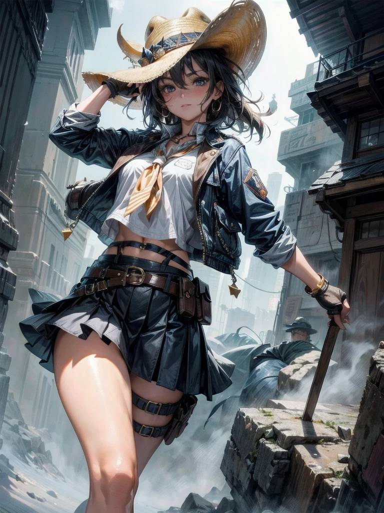 Your task is to create an illustration of a scene, depicting Megumin's sorceress of Konosuba with as much fidelity as possible and avoiding the excess of fingers, head and arms on the characters, (1girl: 1.3), solo, __body-parts__, official art, unity 8k wallpaper, ultra detailed, beautiful and aesthetic, beautiful, masterpiece, best quality, RAW, masterpiece, super thin photo,  best quality, super high resolution, photorealistic, sunlight, full body portrait, incredibly beautiful,, dynamic pose, delicate face, vibrant eyes, (side view), she her hat and usual clothes, Highly detailed abandoned warehouse background, detailed face, complex background detailed busy, messy, beautiful, milky, highly detailed skin, realistic skin details, visible pores, sharp focus, volumetric mist,  8k UHD, DSLR camera, high quality, grain film, fair skin, photorealism, lomography, expanding metropolis in a futuristic, translucent dystopia --auto --s2
