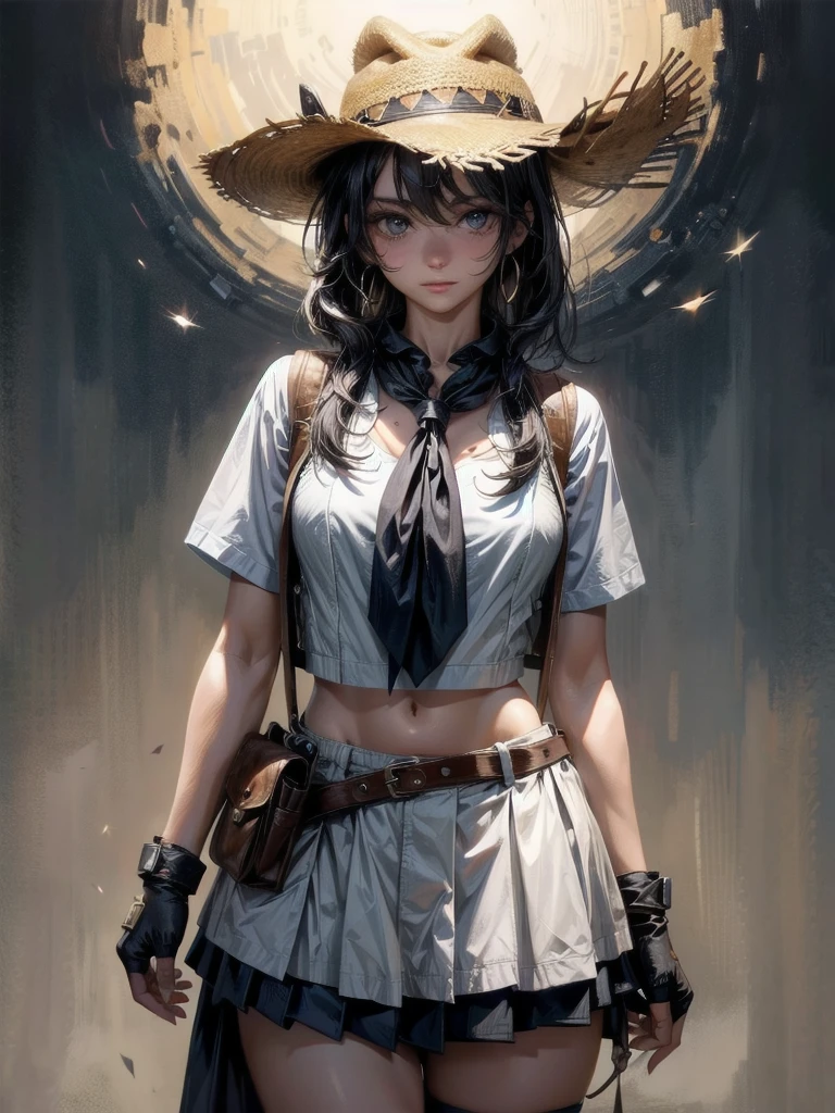 cowgirl costume, vest, cowboy hat, fingerless gloves, midriff, neckerchief, short skirt, holster, absurdres, RAW photo, extremely delicate and beautiful, masterpiece, Best Quality, ultra high resolution, 32k, hyperrealistic, ultra-detailed, perfect figure, tearful mole, earring, whole body shot, short medium hair, wavy hair,