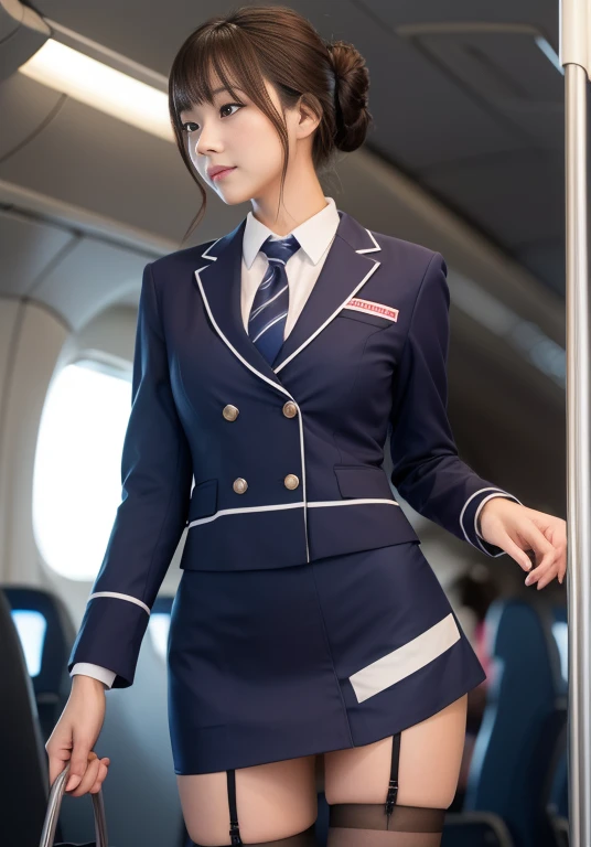 (8k, highest quality, masterpiece: 1.2), (Realistic, Realistic: 1.2),　Beautiful Japanese 20 year old woman, Tight waist, Thin thighs, detailed: (非常にdetailedな: 1.3), ((stewardess costume)), Updo short hair, ((Wearing a mini skirt)), Slim and perfect style. (High resolution: 1.1), Airplane Passenger Passenger Passenger, ((From below:1.45)), ahegao, ((Perfect beauty)), 