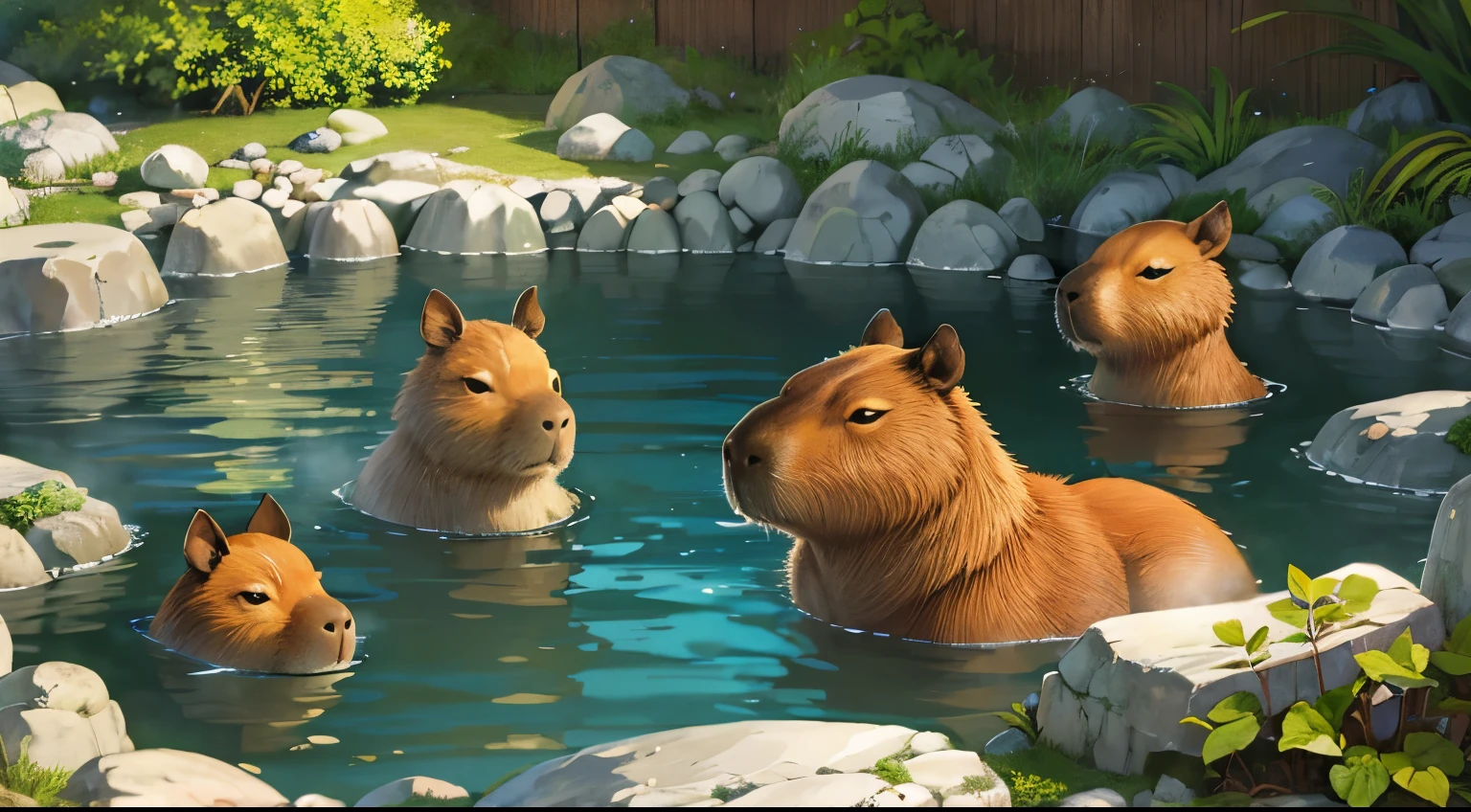 No humans, Capybara, multiple Capybara, Capybara, Wooden barrel, Weetwood, Japanese Nature, Hot spring pool, Hot water spring, natural Hot spring pool, natural Hot water spring, japanese Hot spring pool, japanese Hot water spring, orange, orange floating in water, 頭の中のorange, cute, High detail, (masterpiece, highest quality), Intricate details, High detail, Detailed skin texture, (It gives me goosebumps:0.3), Scattered beneath the surface, Vibrant colors,Kagoshima scenery and hot spring scenery