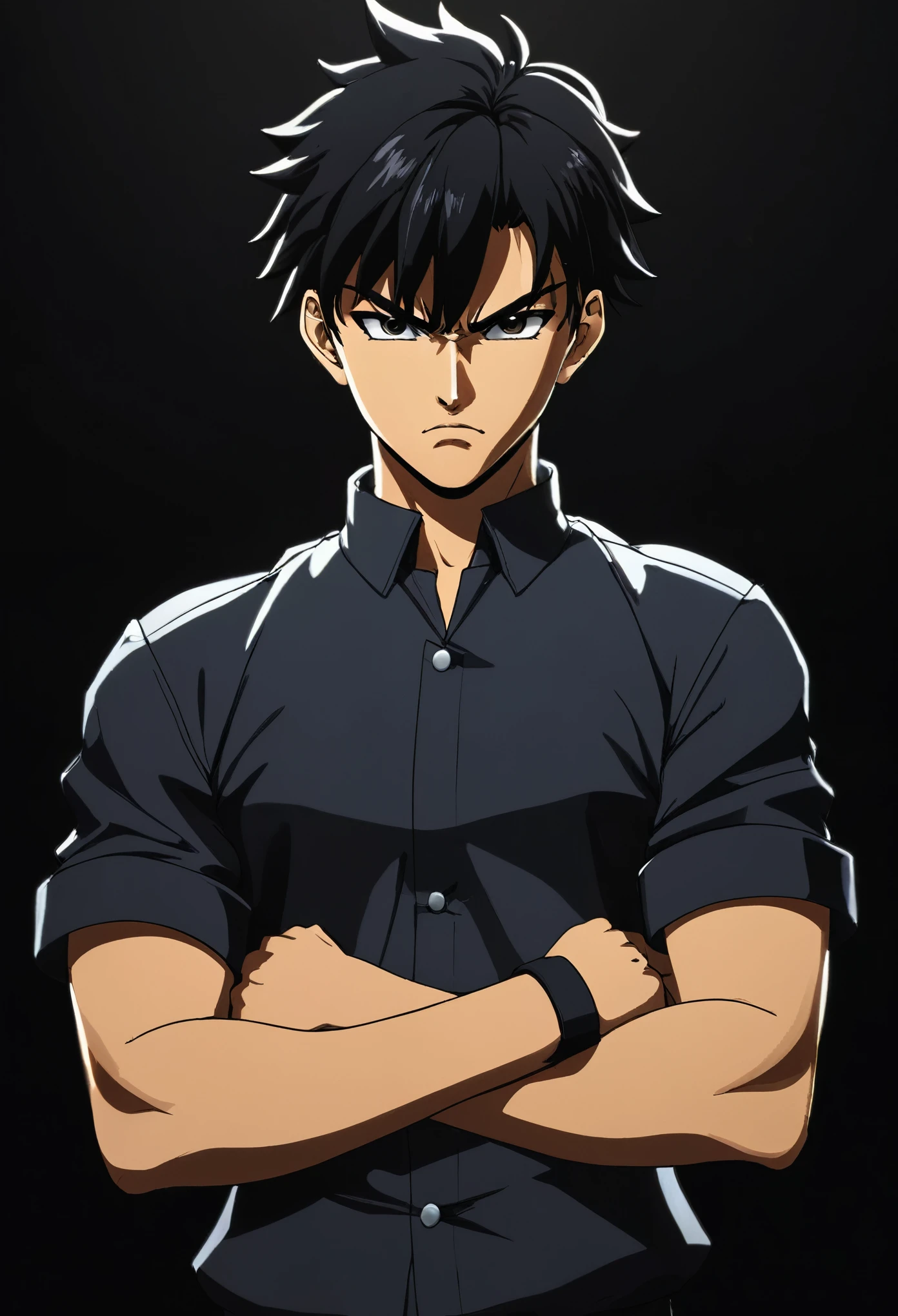 Desenhe um personagem de anime jovem moreno com cabelos curtos e espetados, vestindo um sobretudo preto, standing against a dark background, with a serious expression and clenched fists