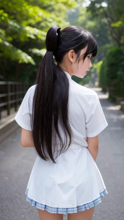 1 girl, alone, Japanese Girls, Junior high school girl、12 years old, (highest quality, Realistic, High resolution, 8k, Very detailed, Detailed face, Shiny skin), Black Hair, ragged bangs, ponytail,（Full Body Shot、Please show me the back of your knees、Show me your back、Show me your face),(No clothes)