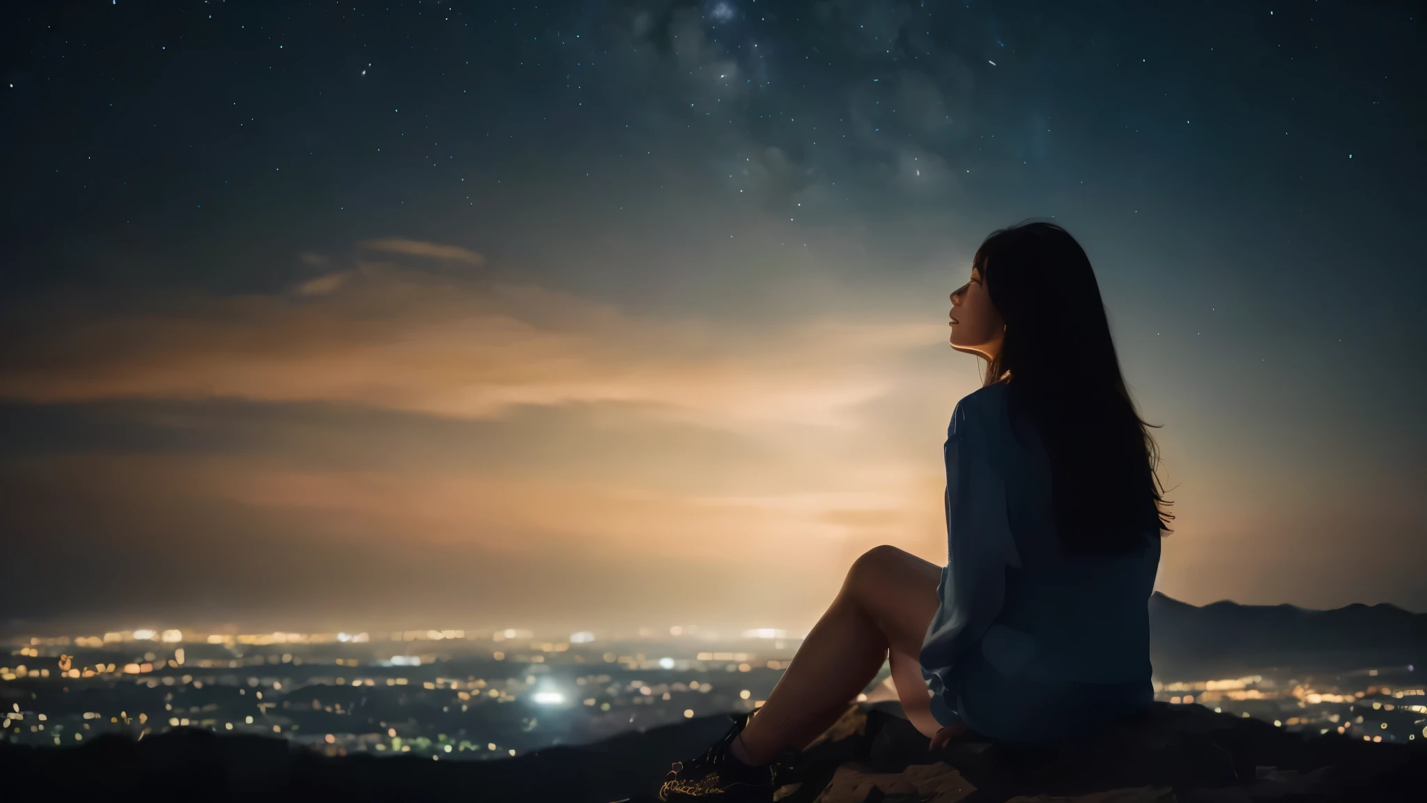 Woman sitting on a rock looking at the night sky, The girl stares into space, Star-filled sky, Sitting on a cloud in space, beautiful girl, Gaze at the stars, Powerful woman sitting in space, Gaze at the stars, Starred, 夜にGaze at the stars, Starry Sky 8K, stars in her gazing eyes