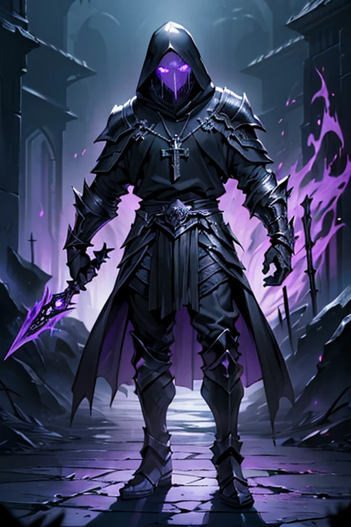 ((dark fantasy:1.4)),(full body:1.3). Hooded shadow wraith in black battle armor, black skull-like face, glowing violet eyes, cross pendant. brandishing massive black runesword in purple flames. masterpiece
