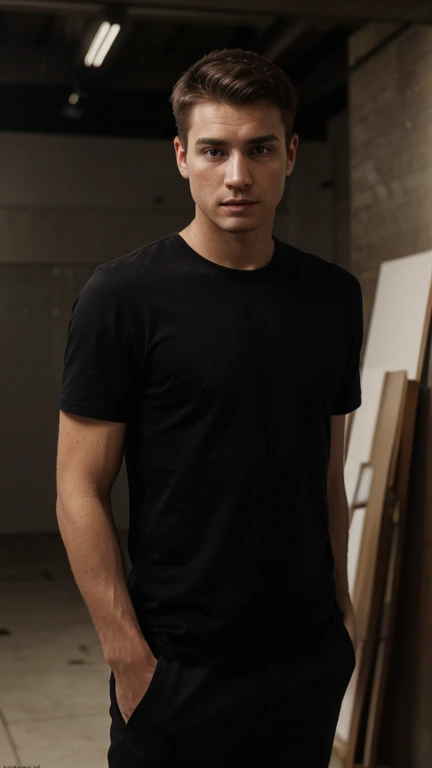 ((1 guy)) (White guy) Wearing a black shirt, manly (standing in a formal manner, body forward and looking at the camera as if participating in an online meeting), very detailed, 18 years old, hair with natural waves, brown eyes, ((short facial hair)), high resolution, artwork, best quality, intricate details, highly detailed, sharp focus, detailed skin, realistic skin texture, texture, detailed eyes, Professional, 4k, Shot on Canon, 85mm, Shallow depth of field, Kodak vision color, Perfectly modeled body, extremely detailed, photo_\(Ultra\), photorealistic, realistic, POST-PROCESSING, maximum detail, roughness, Real life, ultra realistic, photorealism , photography, 8K HD, photography (film grain) ((medium shot atmospheric dark lighting))