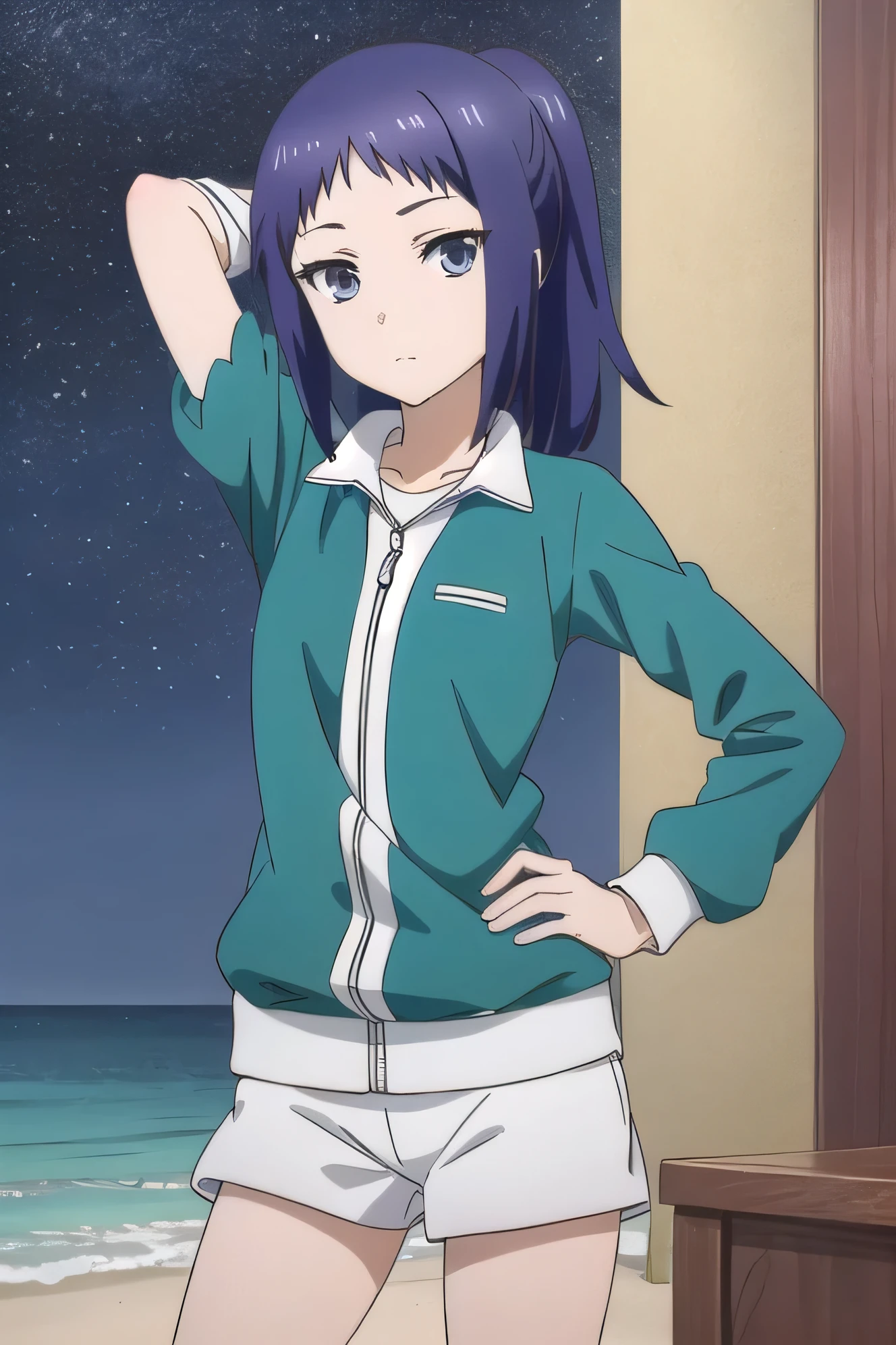 solo, 1girl, looking at viewer, 2D, anime, anime coloring, (cowboy shot:1.5), solo, night sky, beach, arm behind head, hand on hip, contrapposto, spread armpits, looking at viewer, best quality, closed mouth, expressionless, minami oosawa, track jacket,