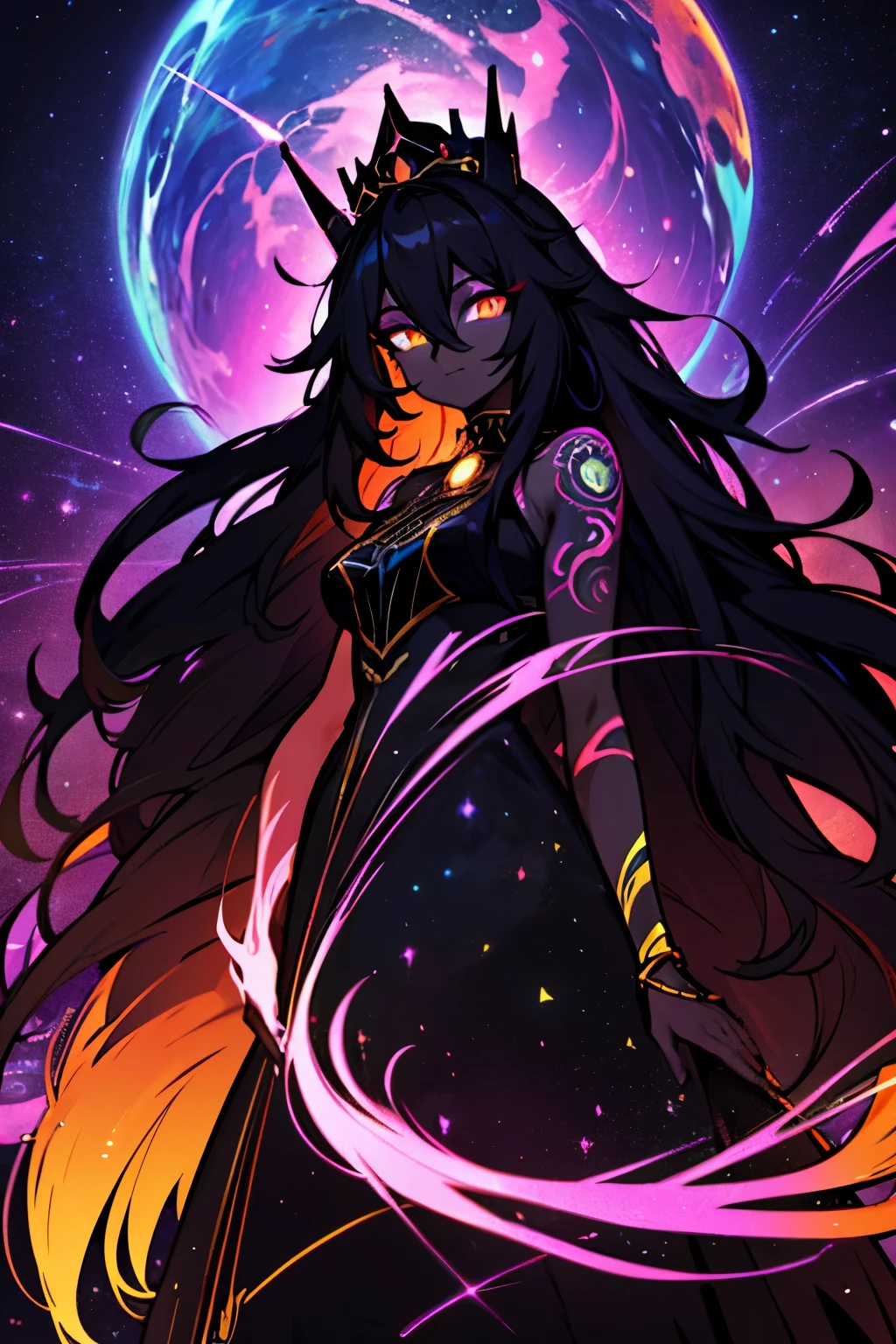 black skin, anime goddess, cosmic style hair, crown,  happy, glowing cosmic eyes, glowing multicolored tattoos, glowing extremely long messy hair, wearing a black dress, black roses in hair