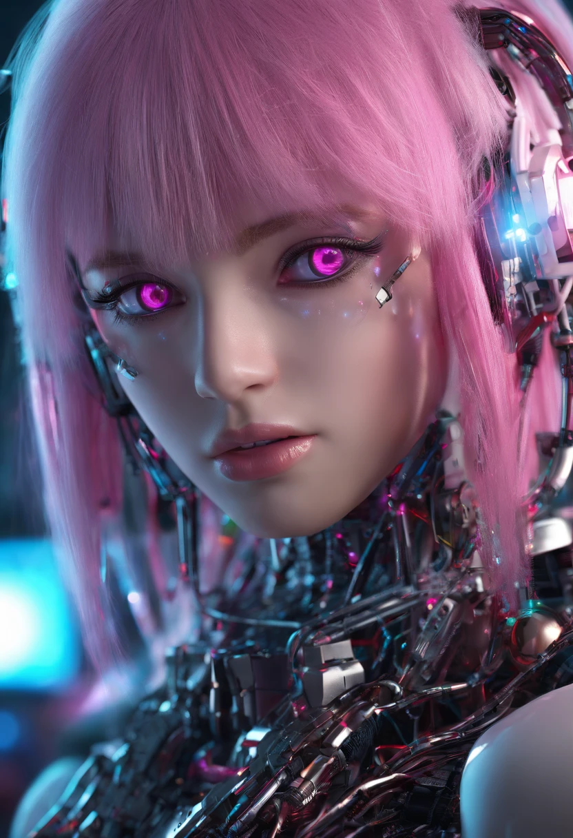 best quality, highres), pink haired girl with long hair, close-up of her face, wearing a white skirt, details of her eyes and face, bright colors, soft lighting, digital illustration, ethereal atmosphere