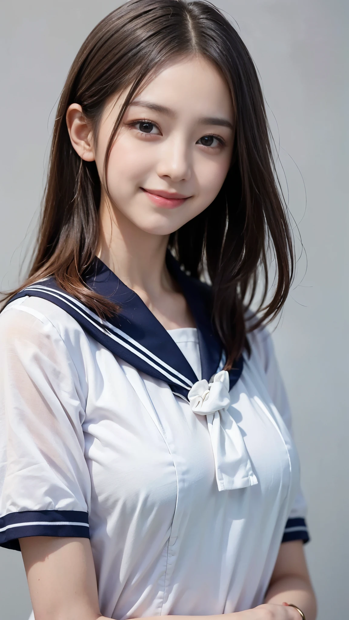 ((highest quality、Masterpiece、High resolution))、(((Zoom photo of upper body))、(A shy smile:1.2)、One 15-year-old female、Beautiful Skin、Beautiful Eyes、Large Breasts、Sailor suit、Black Hair、Trimmed bangedium Hair