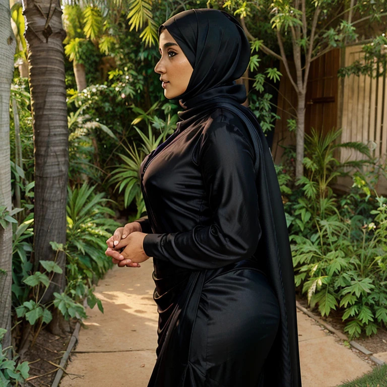 A 40 years old beautyful muslim woman,touching ground with hands,wearing black silk hijab and burkha,glowing skin,big ash,big dick in her ash,big breasts,sexy figure,full body image,right side view,garden in background,ultra detailed,8k