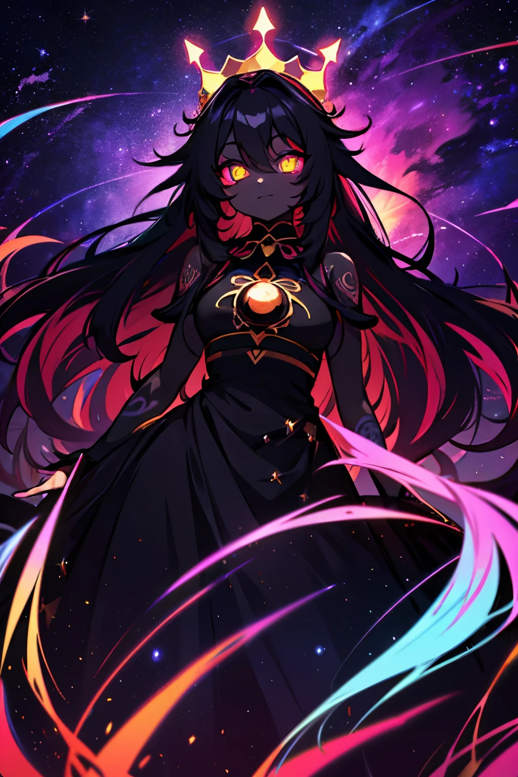 black skin, anime goddess, cosmic style hair, crown,  happy, glowing cosmic eyes, glowing multicolored tattoos, glowing extremely long messy hair, wearing a black dress, black roses in hair