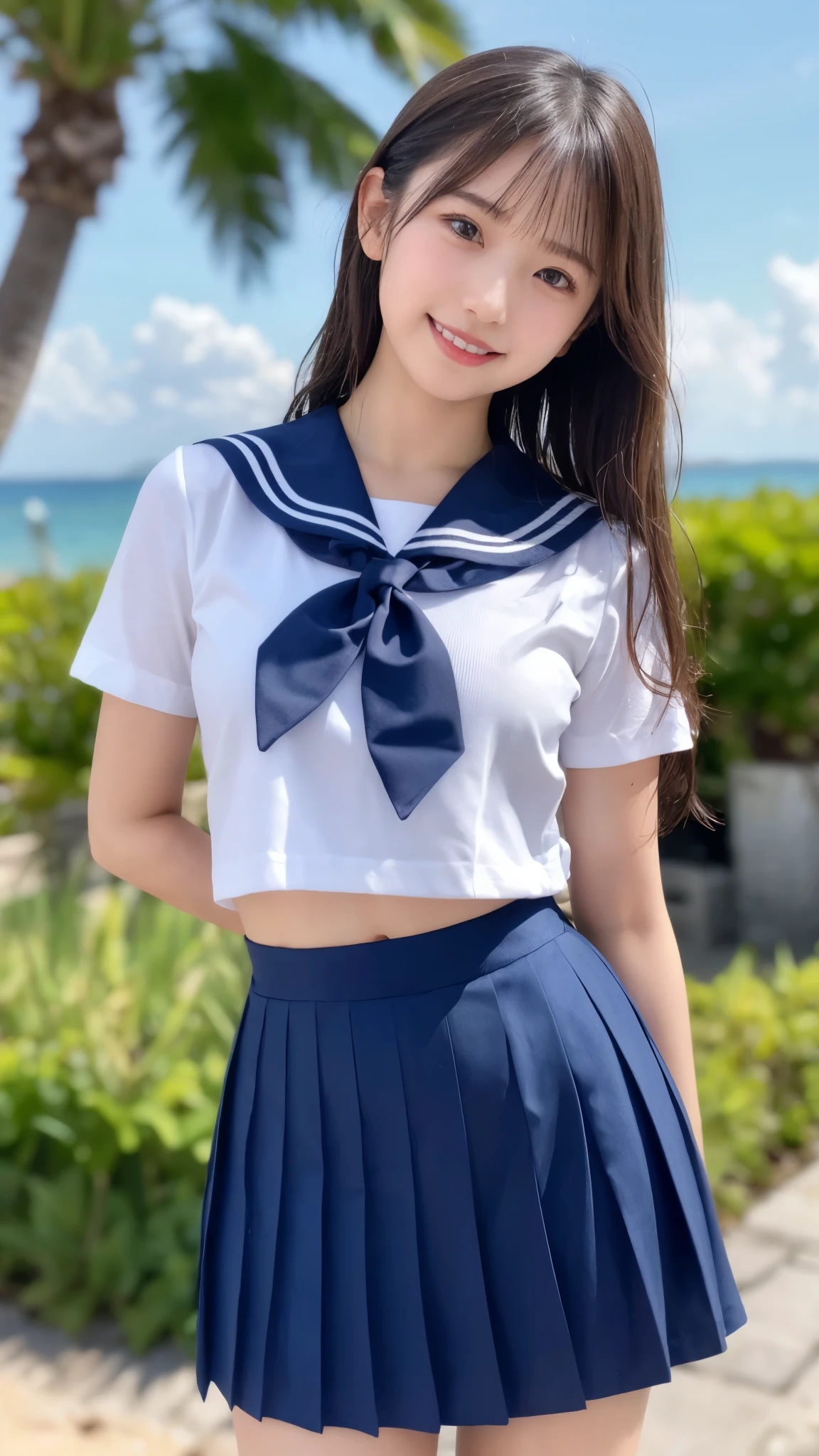 (best quality, 8k, 32k, masterpiece, UHD:1.2), (RAW photo), (realistic), (photorealistic:1.2), (high resolution), huge filesize, ultra-detailed, extremely beautiful face & eyes, perfect double eyelid, 1girl, japanese elementary school student,****, ****, ****, round small face, baby face, thin waist, beautiful belly skin, large breasts, slim proportions, perfect thin thighs, small butt, (darkblue pleated mini skirt, japanese sailor, sailor fuku, serafuku, japanese school sailor suit, sailor red neckerchief), nice hands, perfect hands, accurate hand depiction, sweaty, shy smile, pure white teeth, from below, (blue sky, summer, sun, beach, palm tree, outdoors), portrait photography,