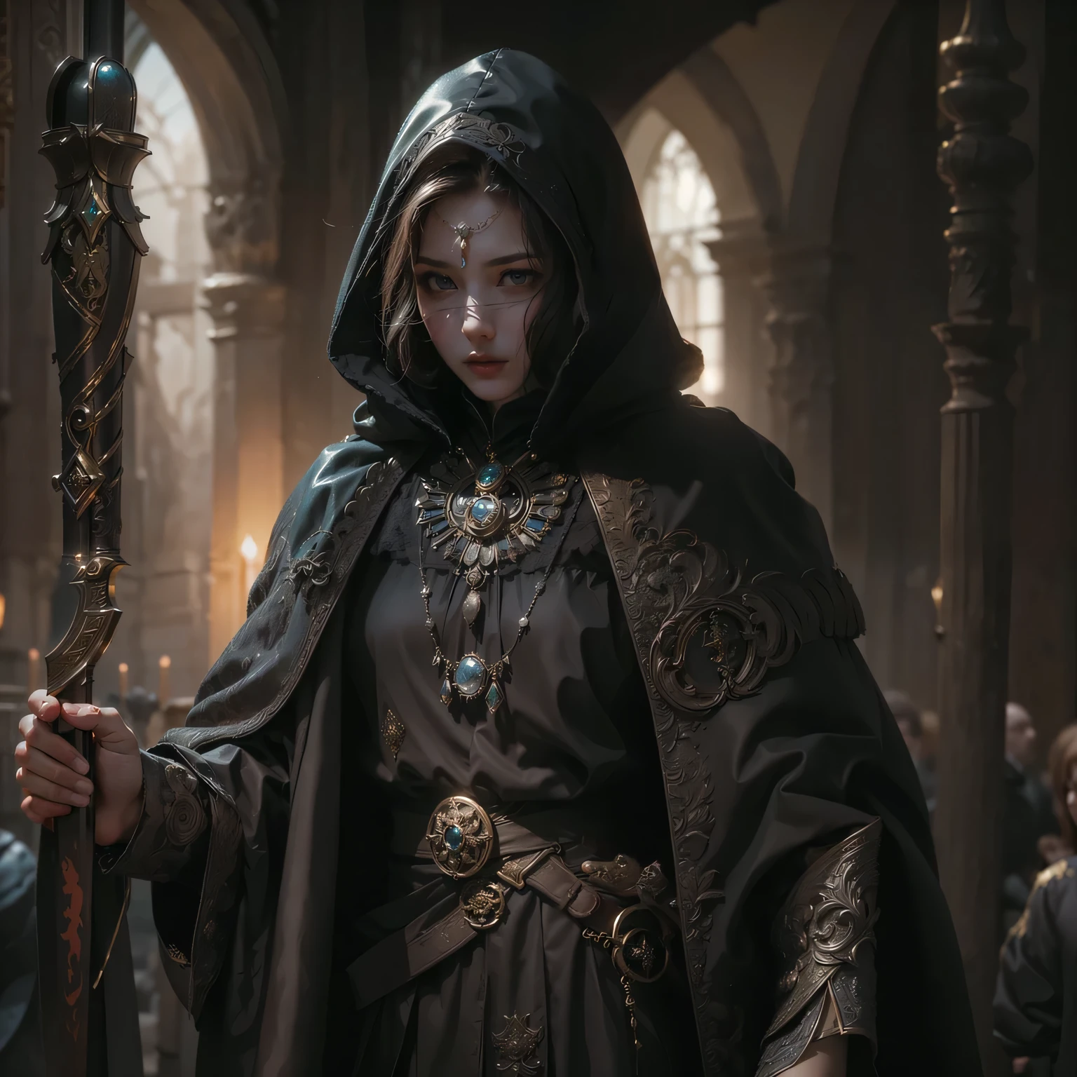 A woman in a black cloak holding a sword in a dark room - SeaArt AI