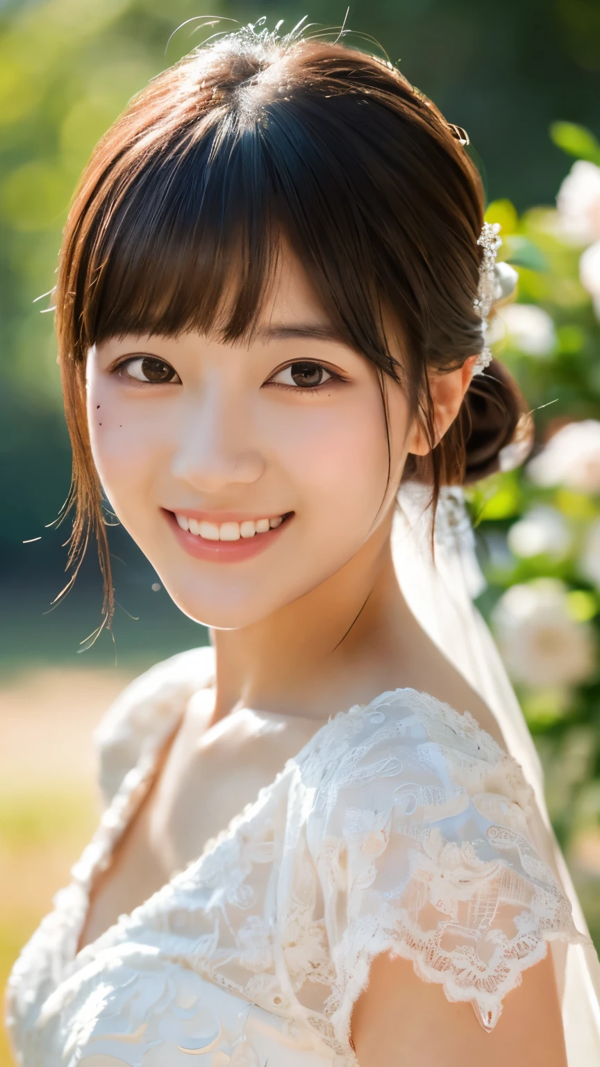 ((sfw: 1.4)), ((detailed face, cute face,brown eye)), ((professional photography)), ((wedding dress,  smile, 1 Girl)), Ultra High Resolution, (Realistic: 1.4), RAW Photo, Best Quality, (Photorealistic Stick), Focus, Soft Light, (()), ((Japanese)), (( (young face))), (surface), (depth of field), masterpiece, (realistic), woman, bangs, ((1 girl))