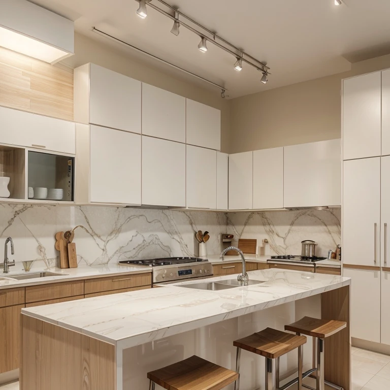 beige and white kitchen platform, modern minimalist kitchen, wooden countertop, marble backsplash, stainless steel appliances, clean lines, bright natural lighting, simple elegant design, high quality rendering, photorealistic, 8k, extremely detailed, hyper detailed, studio lighting