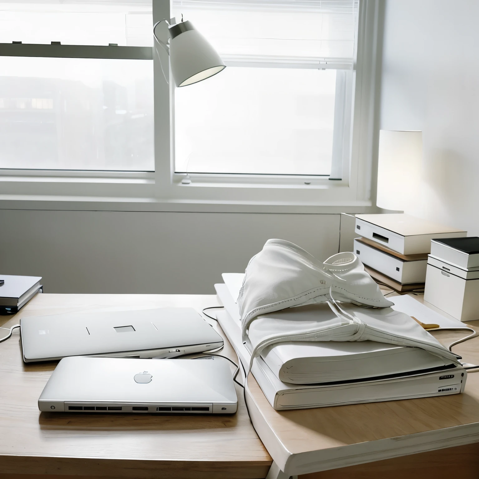 Image of two white bikini panties tied together on a professional office desk. The dark wooden desk has a modern table lamp, messy papers and an open laptop. The office is illuminated by natural light coming through a window. No debe haber ninguna persona en la escena.