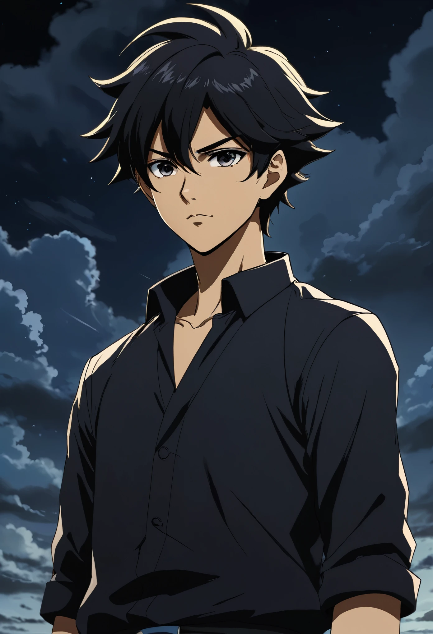 Desenhe um personagem de anime jovem moreno com cabelos curtos e espetados, vestindo um sobretudo preto, standing against a dark background, with a serious expression and looking at the sky