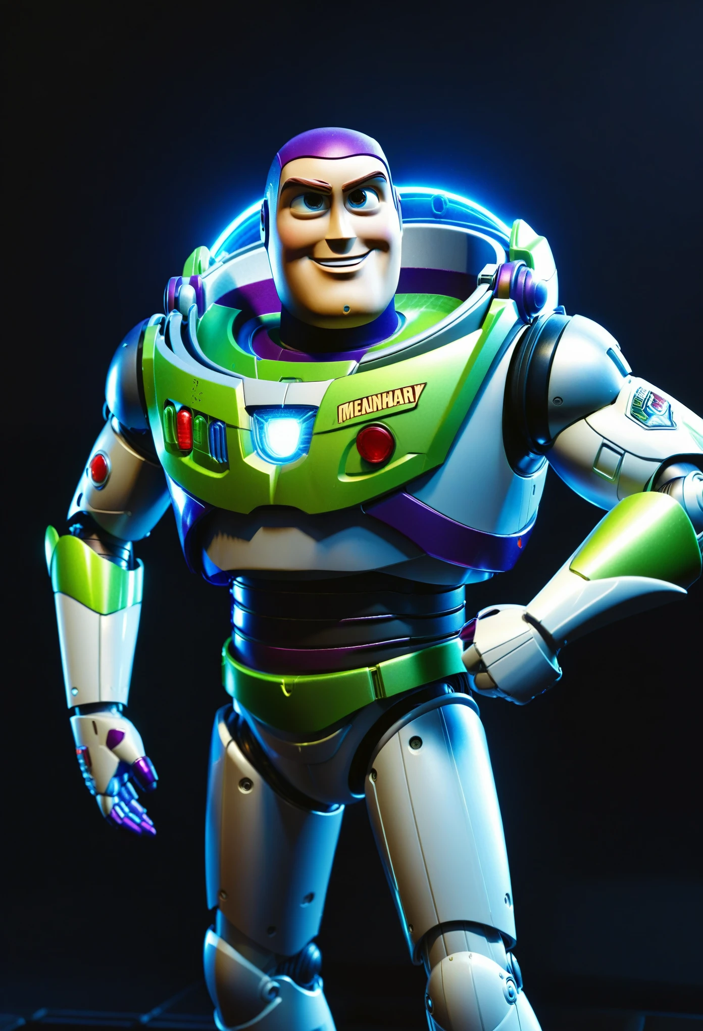 photorealistic,high quality,hyperdetailed,hyper detailed,octane render,8k,award winning,highly detailed,disney,buzz lightyear,iron man,armor,metallic shine,advanced technology,futuristic,blue and white color scheme,glowing energy effects,intricate mechanical details,dynamic pose,dramatic lighting,cinematic composition
