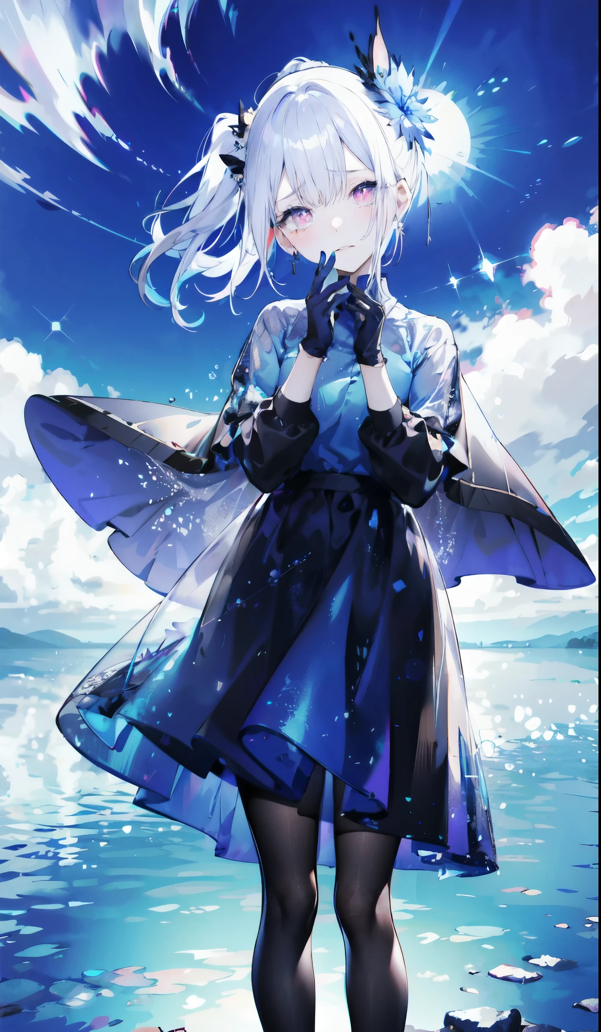 （（masterpiece：1.4，best quality）），（Super detailed），（Extremely detailed eyes），（Black leggings，Shiny socks：1.5），Hello Darkness
（Cute girls），15 years old，（Blood-red pupils，Diamond-shaped pupil：1.15），Purple Eyeshadow，（Elongated hair，Thick hair，Single ponytail，shiny hair：1.5）（Variza：1.2），Fair skin，despair，Grief，Empty eyes，Tears streaming down my face，tilt head to one side，Kneel down
（She wears blue armor，A blue dress，：1.5），（blue gloves：1.4）Very long plush sleeves，White，White Cloud，Dream bubbles ，Ice and glitter effects
（Black long skirt：1.1），
（dawn：1.2），
（Intense black and white：1.16），（Depth of Field：1.4），，Intricate details，(Sky background，Standing on the lake)