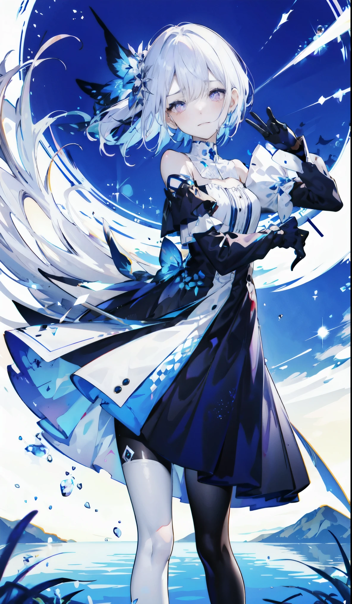 ((masterpiece:1.4,best quality)),(Super detailed),(Extremely detailed eyes),(Black leggings,Shiny socks:1.5),Hello Darkness
(Cute girls),15 years old,(Blood-red pupils,Diamond-shaped pupil:1.15),Purple Eyeshadow,(Elongated hair,Thick hair,Single ponytail,shiny hair:1.5)(Variza:1.2),Fair skin,despair,Grief,Empty eyes,Tears streaming down my face,tilt head to one side,Kneel down
(She wears blue armor,A blue dress,:1.5),(blue gloves:1.4)Very long plush sleeves,White,White Cloud,Dream bubbles ,Ice and glitter effects
(Black long skirt:1.1),
(dawn:1.2),
(Intense black and white:1.16),(Depth of Field:1.4),,Intricate details,(Sky background,Standing on the lake)